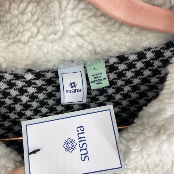 Susina Faux Shearling Collar Black White Plaid Cropped Jacket Womens L NWT - Picture 5 of 7